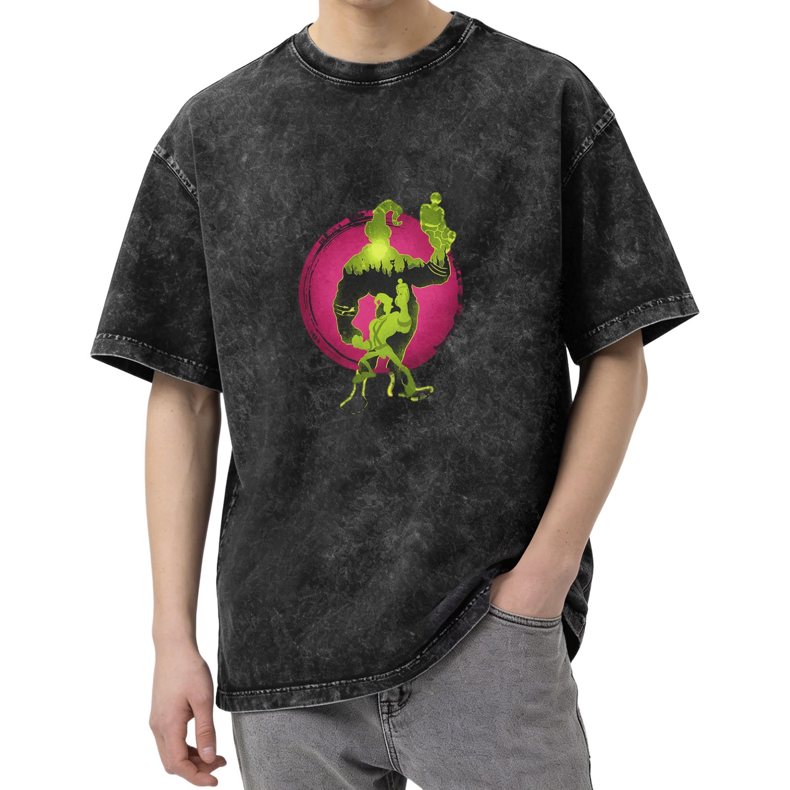 Oversized Acid Wash T-Shirt With Neon Green Cartoon Silhouette Print