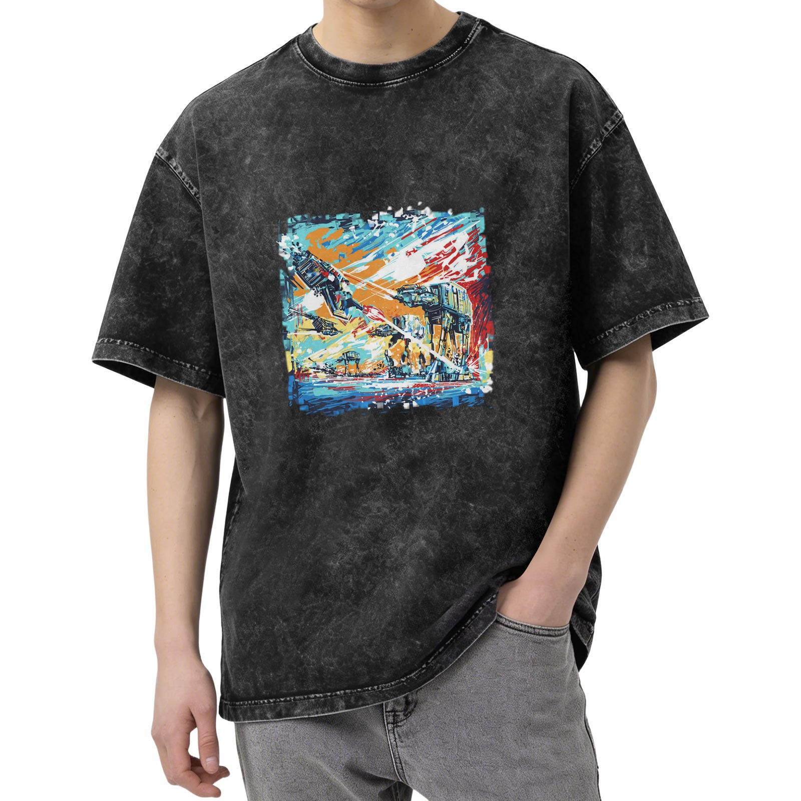 Washed Black Graphic T-Shirt with Sci-Fi Battle Art Print