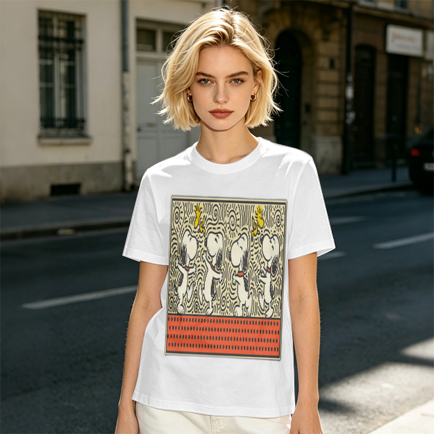 Olive T-shirt with dancing Snoopy and Woodstock graphic print