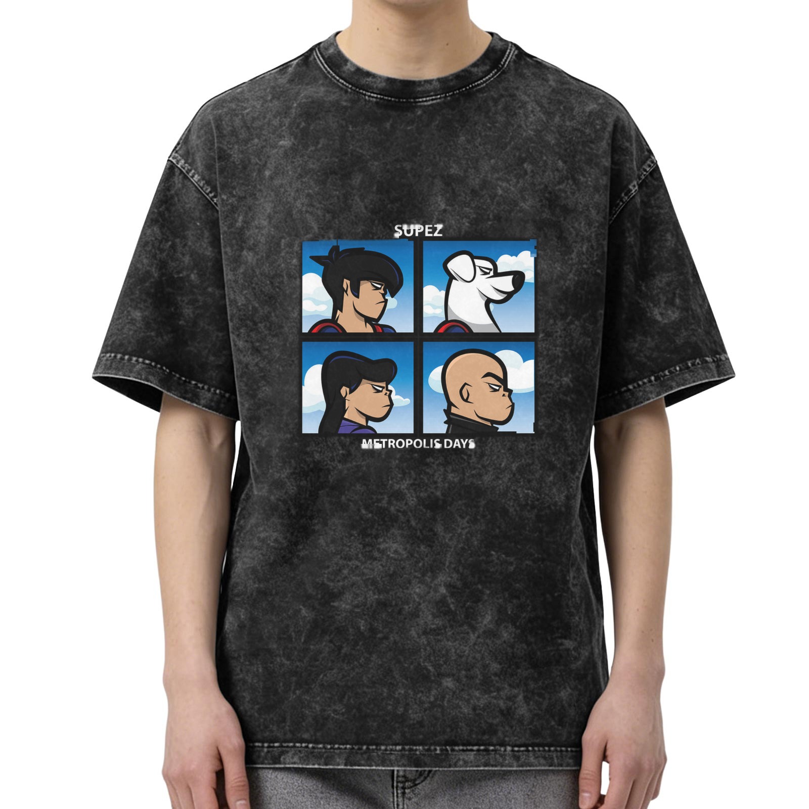Washed Black T-Shirt With Four Panel Superhero Character Artwork