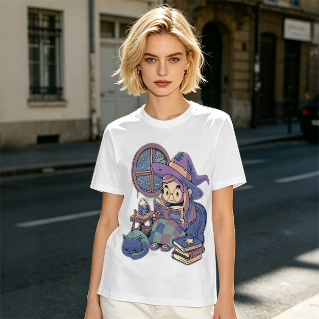 Olive t-shirt with cozy reading witch and cat graphic