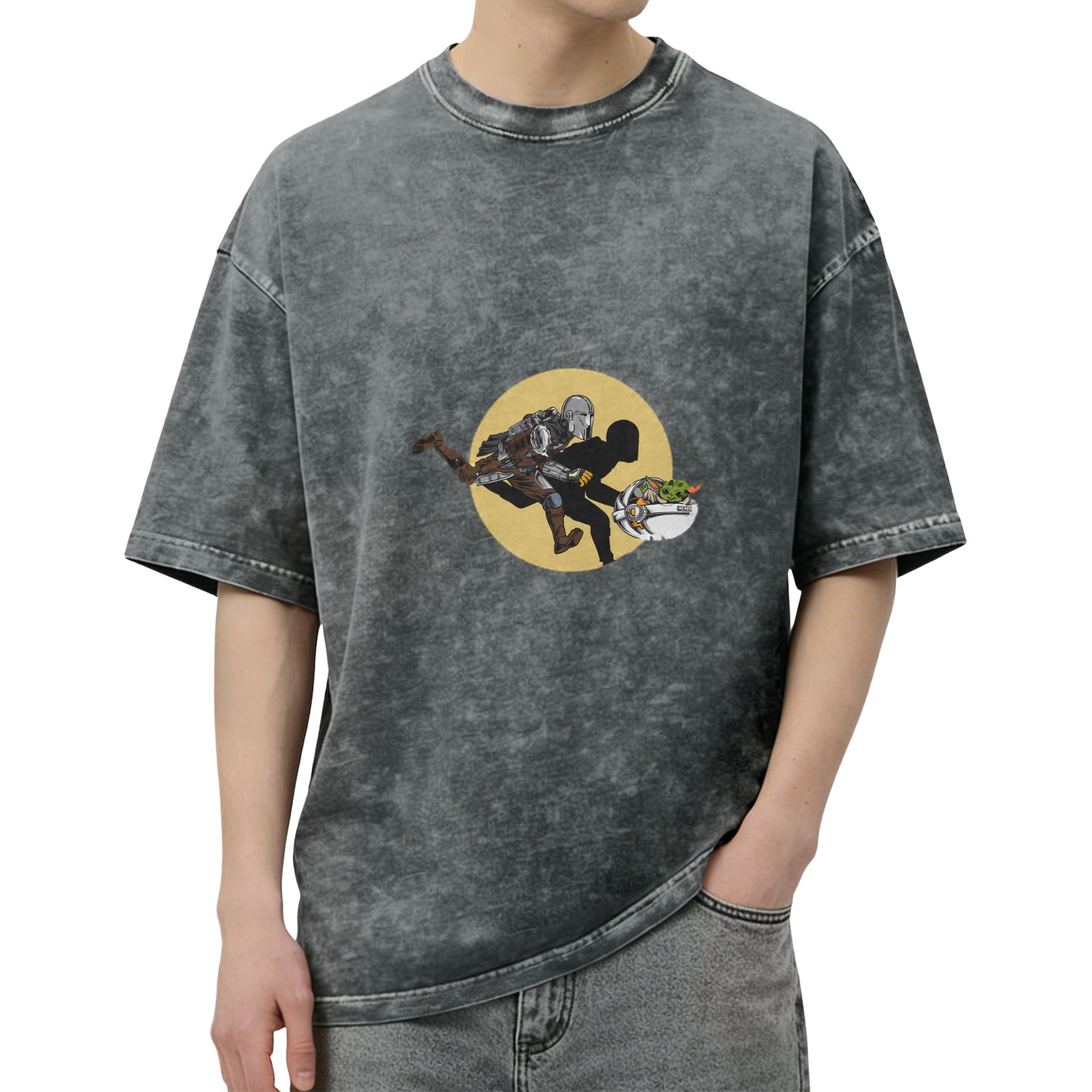 Washed black graphic t-shirt with Star Wars Mandalorian and Grogu design