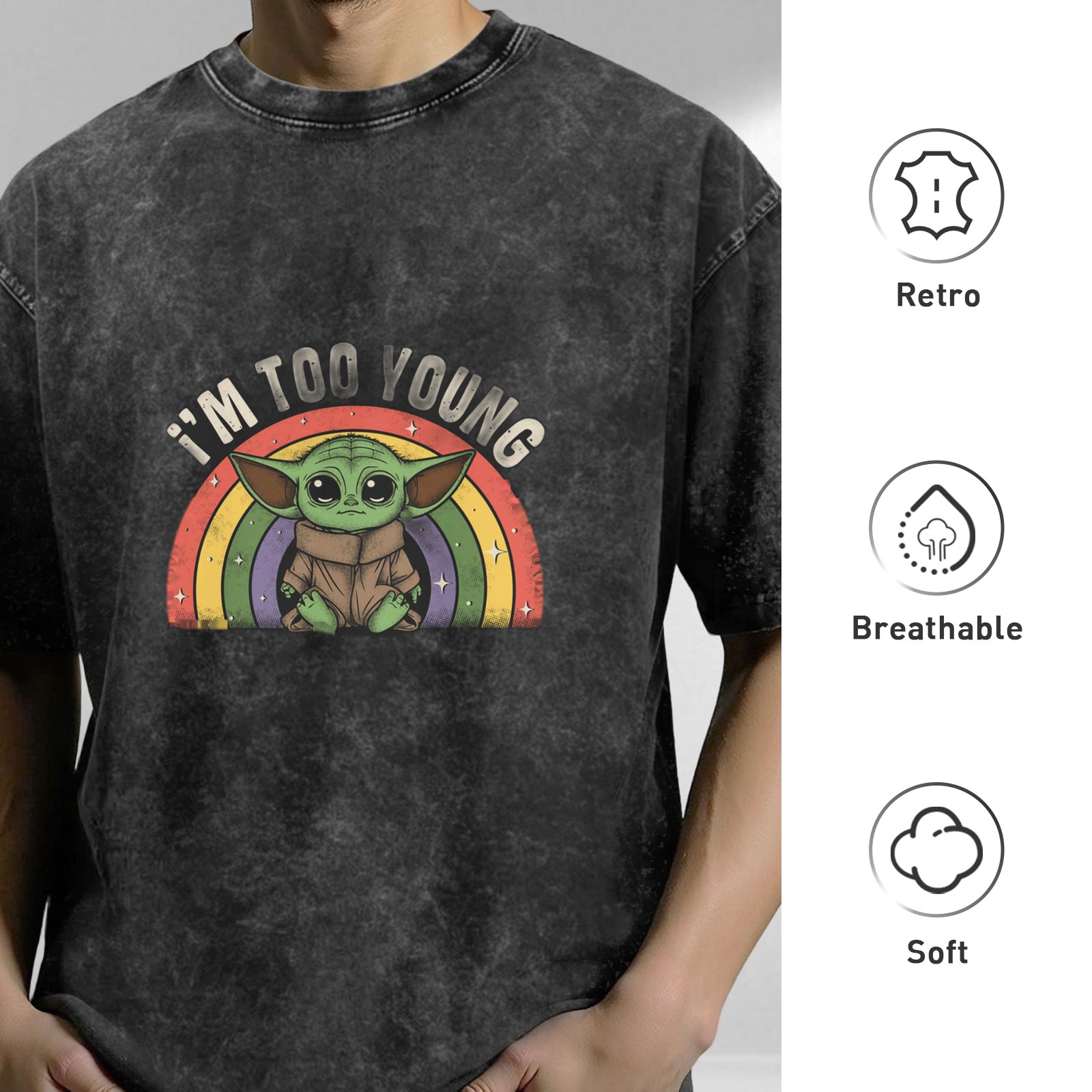 I'm Too Young Baby Yoda Rainbow Acid Wash T-Shirt
