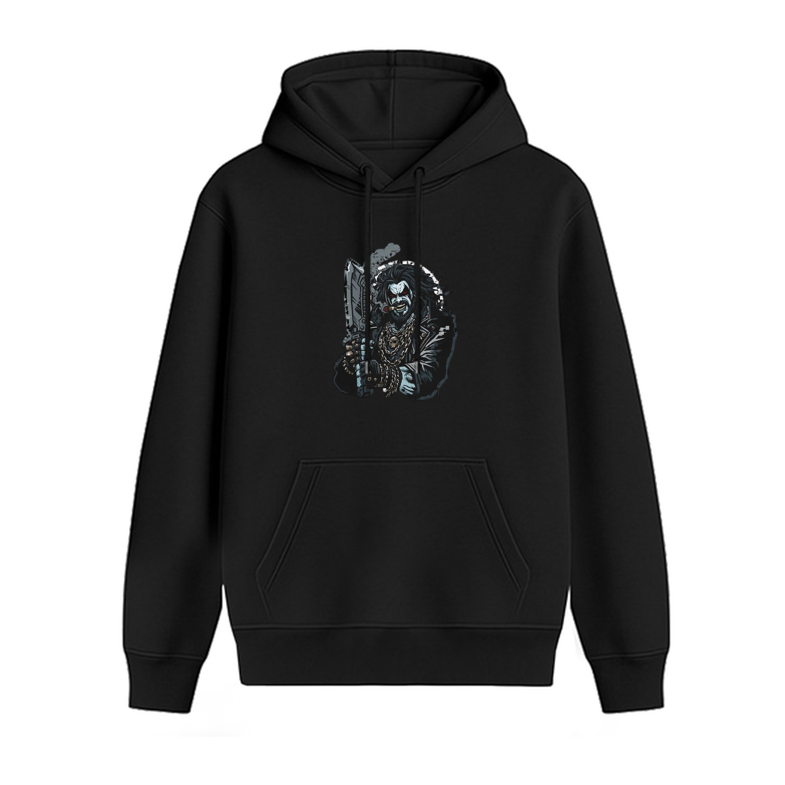 Black Hoodie With Edgy Sci-Fi Bounty Hunter Graphic Print