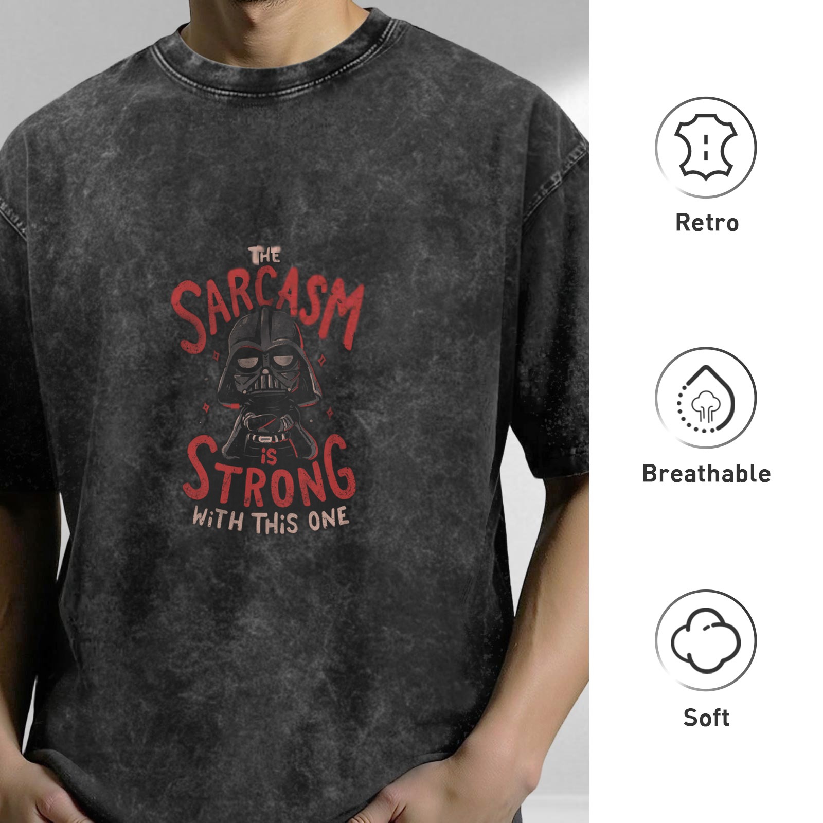 Washed black graphic t-shirt with 'The Sarcasm is Strong' Darth Vader design