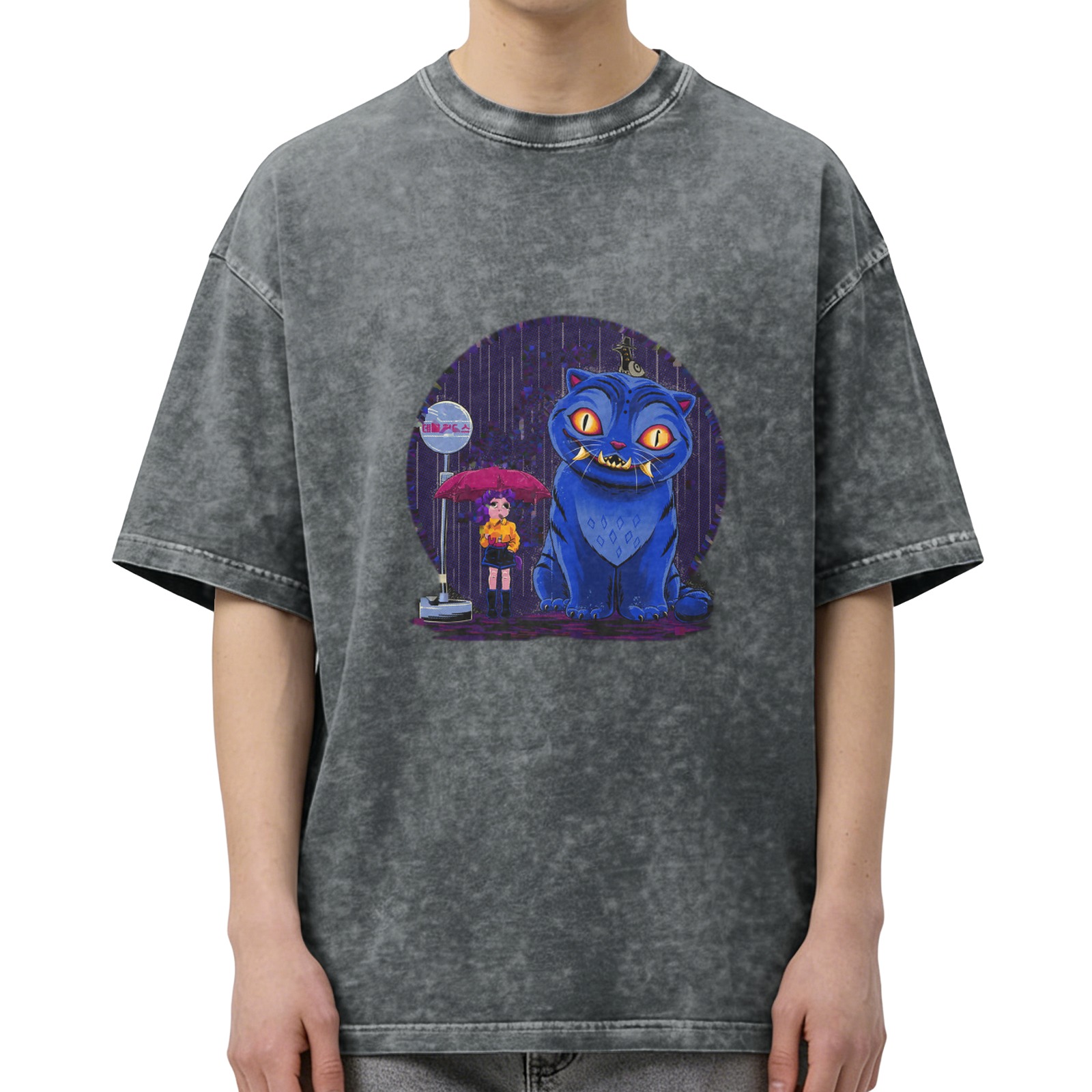 Oversized Acid Wash T-Shirt With Blue Cheshire Cat And Girl Graphic