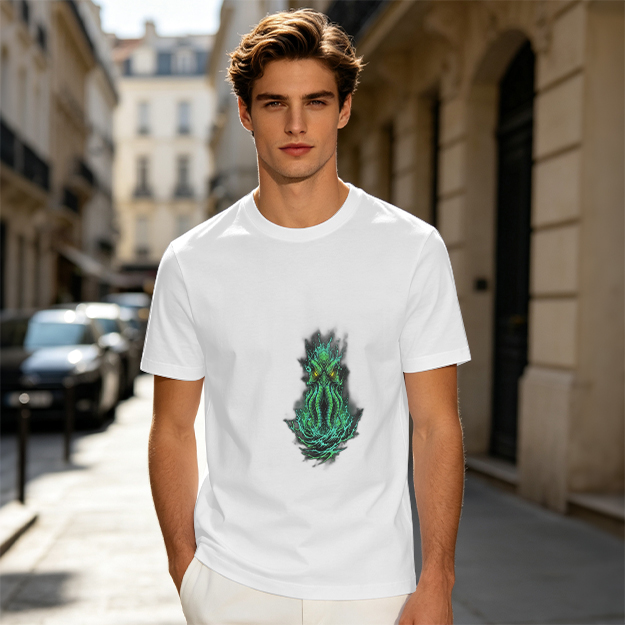 Olive Green T-Shirt With Glowing Cthulhu Monster Print