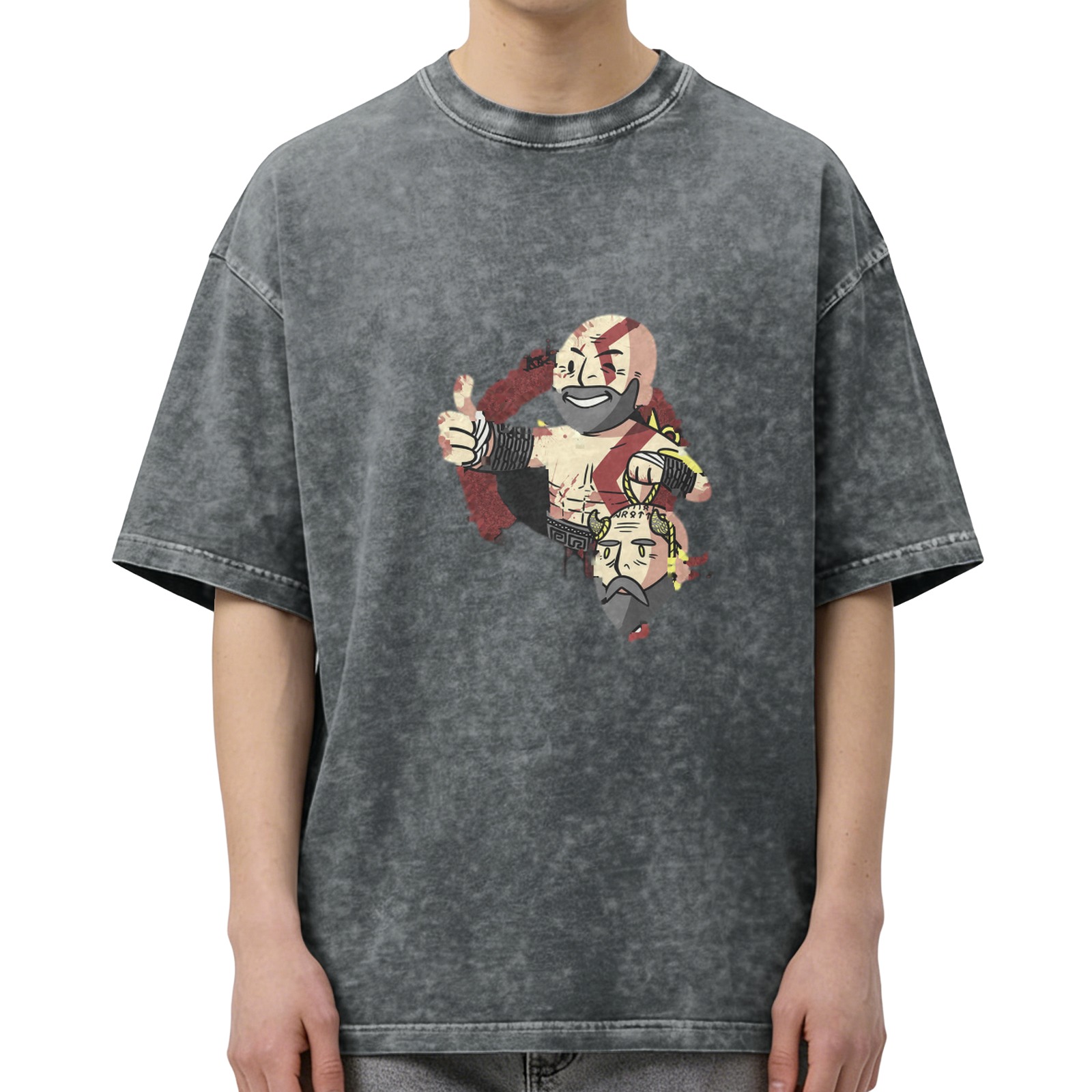 Washed Black T-Shirt with Chibi Kratos Holding Mimir Head Graphic