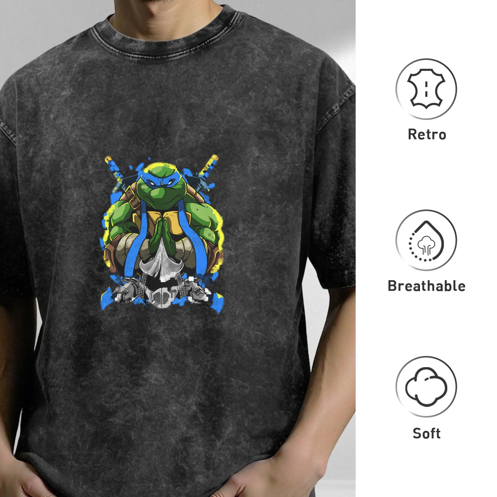 Washed Black T-Shirt with Blue Mask Ninja Turtle Graphic