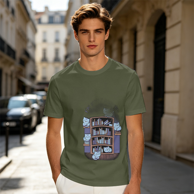 Olive green t-shirt with playful cats on a bookshelf graphic