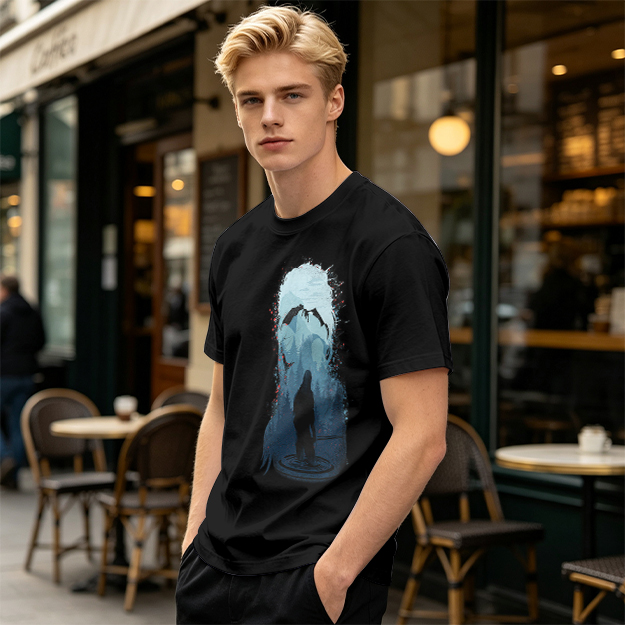 Olive T-Shirt With Dark Fantasy Silhouette And Dragon Print