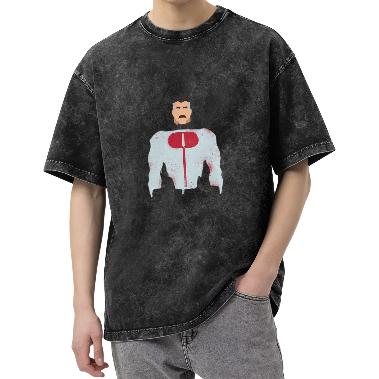 Retro washed black loose short-sleeved T-shirt printed with the minimalist pattern of the character Omni-Man