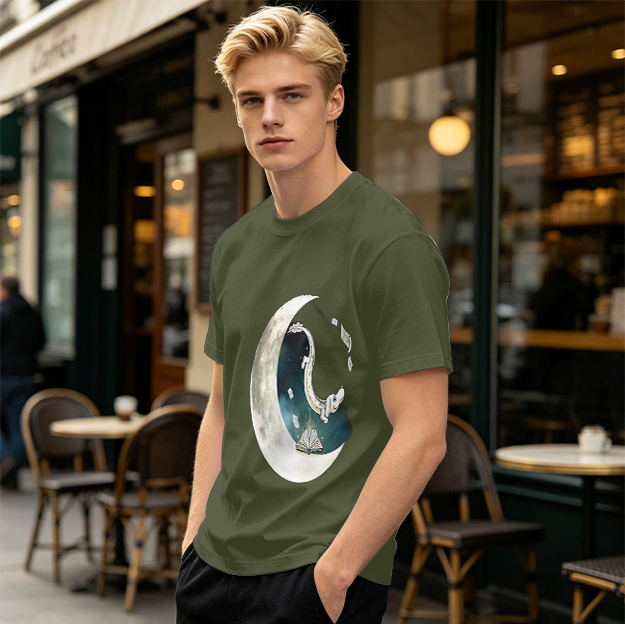 Olive T-shirt with Crescent Moon Galaxy Astronaut Graphic