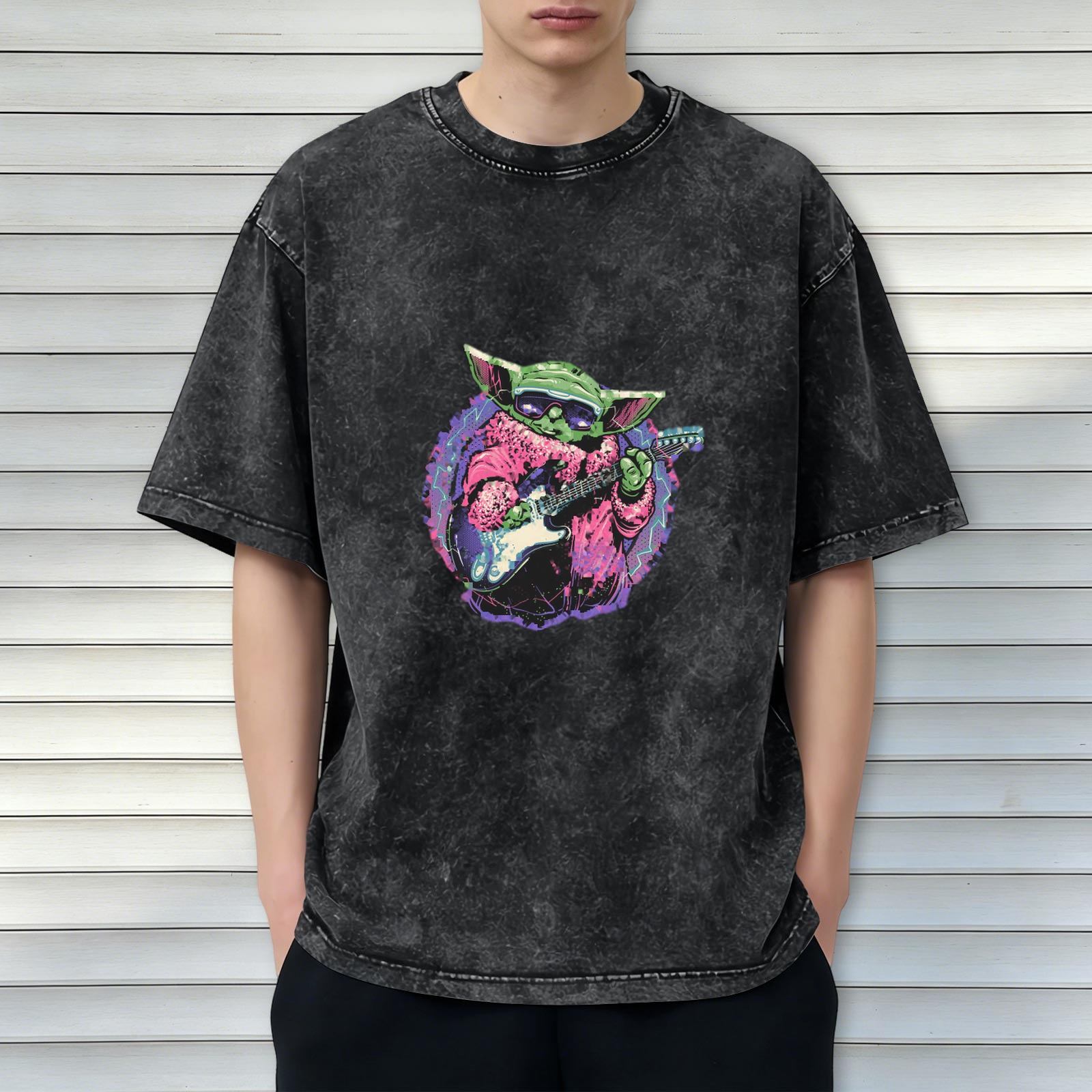 Oversized Acid Wash T-Shirt With Cool Grogu Playing Electric Guitar