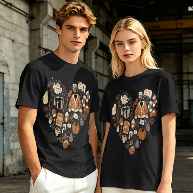 Olive Green T-Shirt With Fall Themed Heart Shaped Graphic