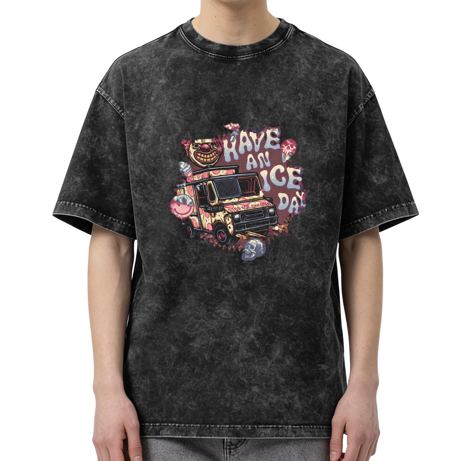 Oversized Acid Wash T-Shirt With Creepy Clown Ice Cream Truck Print