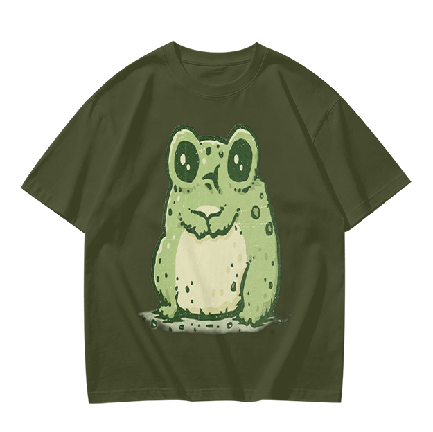 Olive Green T-Shirt With Cute Cartoon Frog Graphic Print
