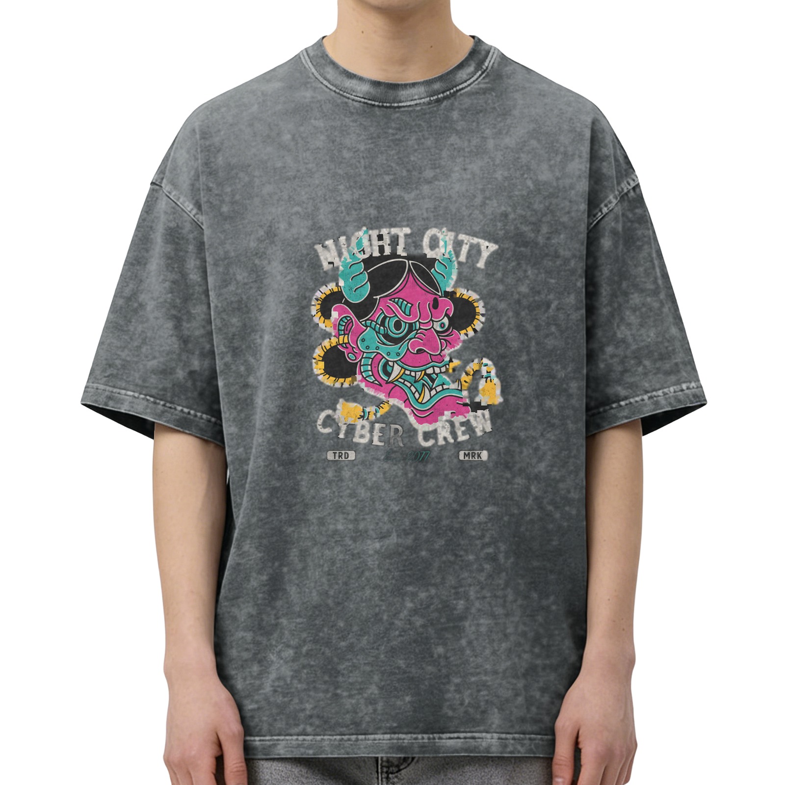 Night City Cyber Crew Demon Graphic Acid Wash T-Shirt