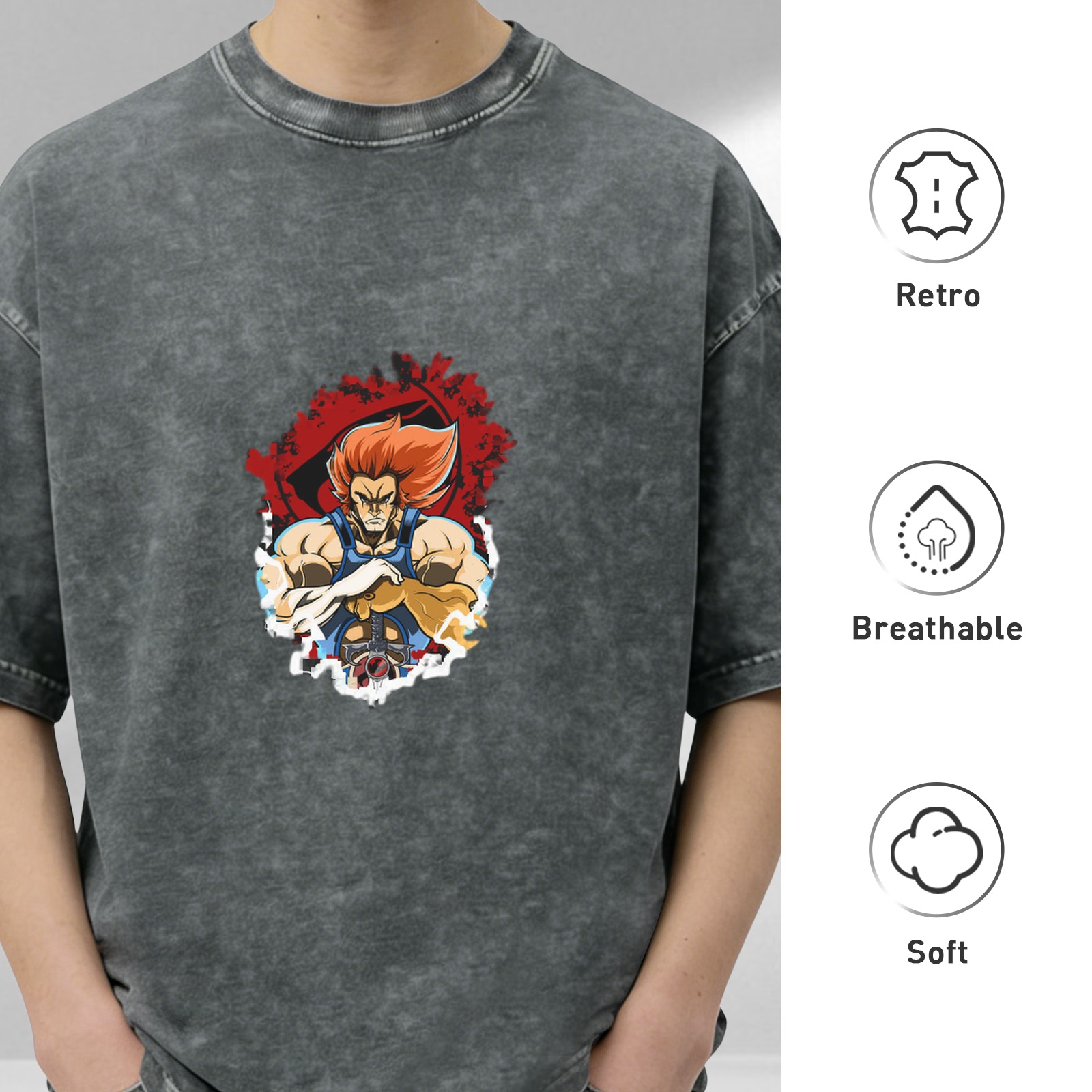 Vintage Washed T-Shirt with Retro Anime Lion Character Graphic