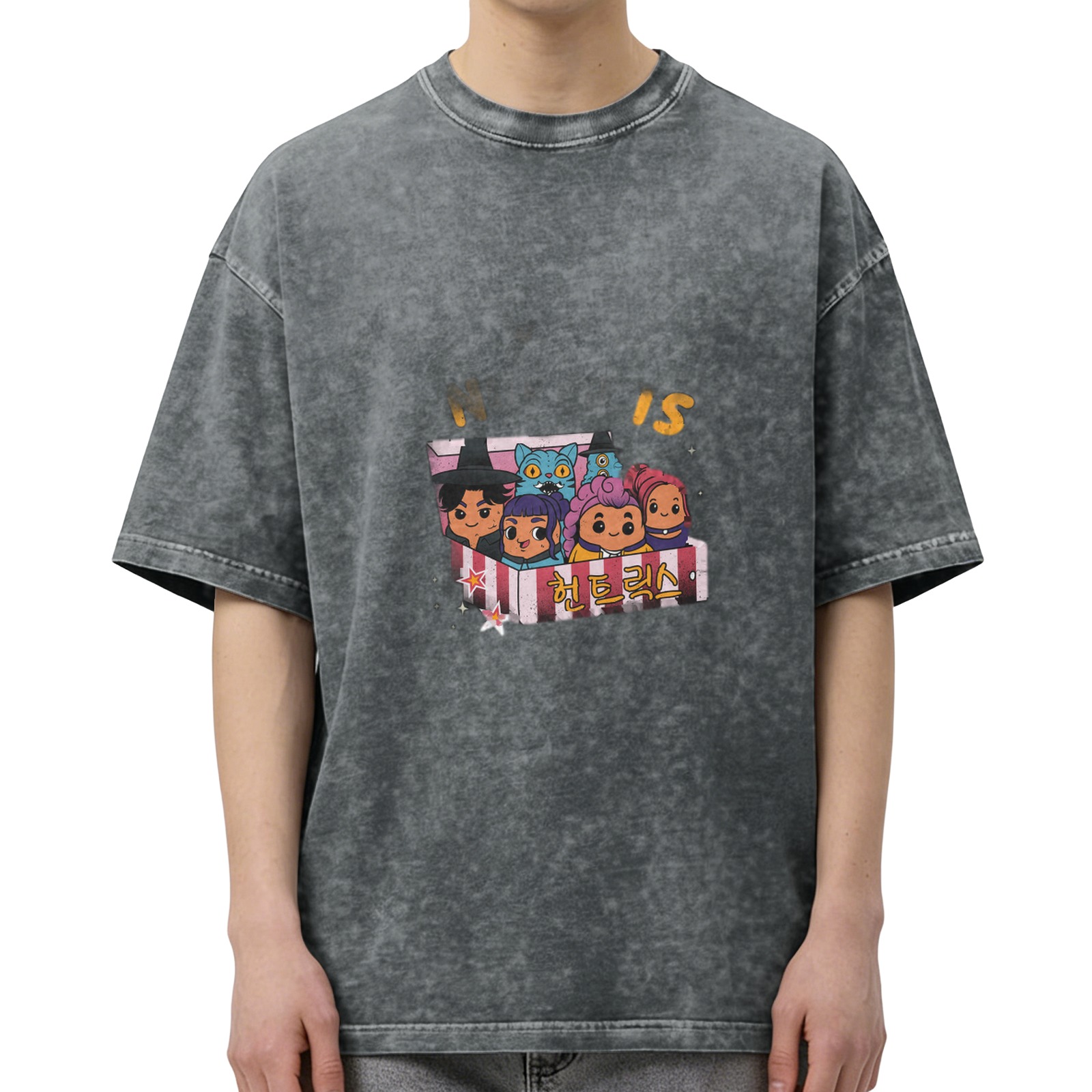 Oversized Black Acid Wash T-Shirt With Cute Cartoon Character Graphic