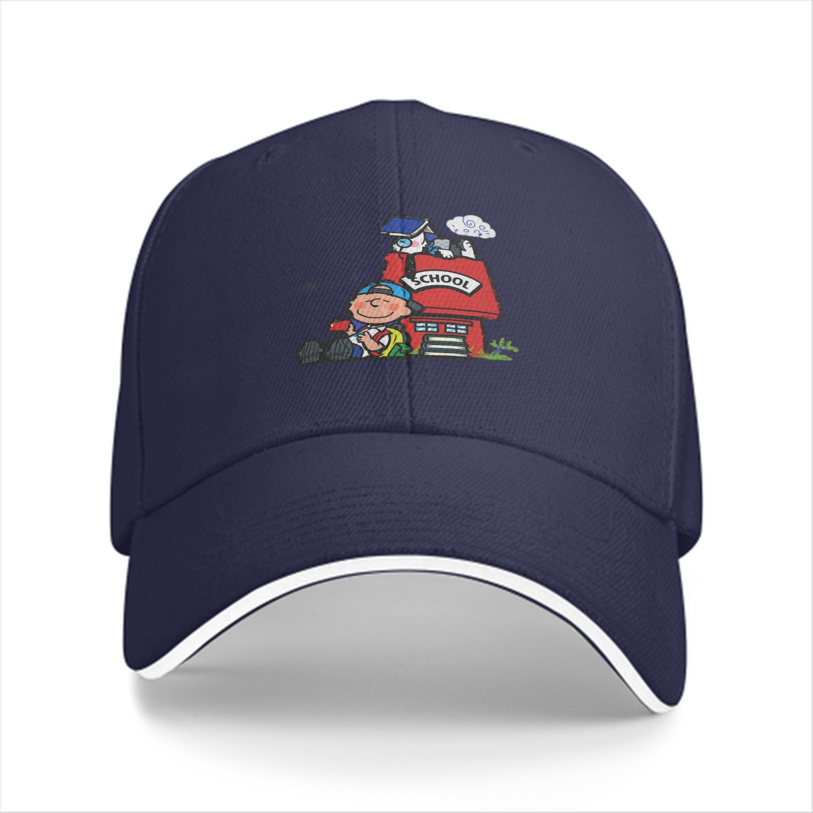 Black Baseball Cap With School Themed Cartoon Print