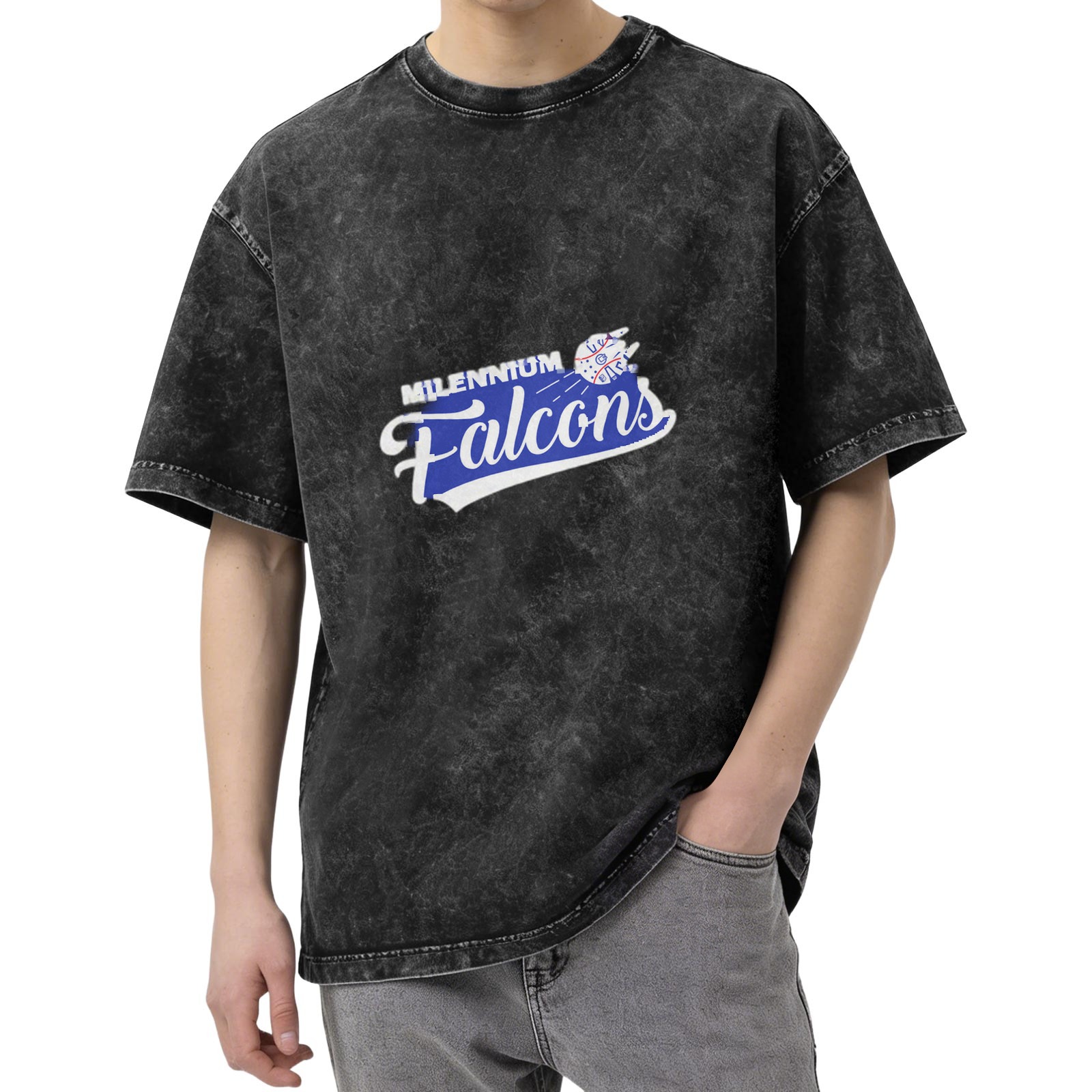 Washed Black Graphic T-Shirt with Millennium Falcons Print