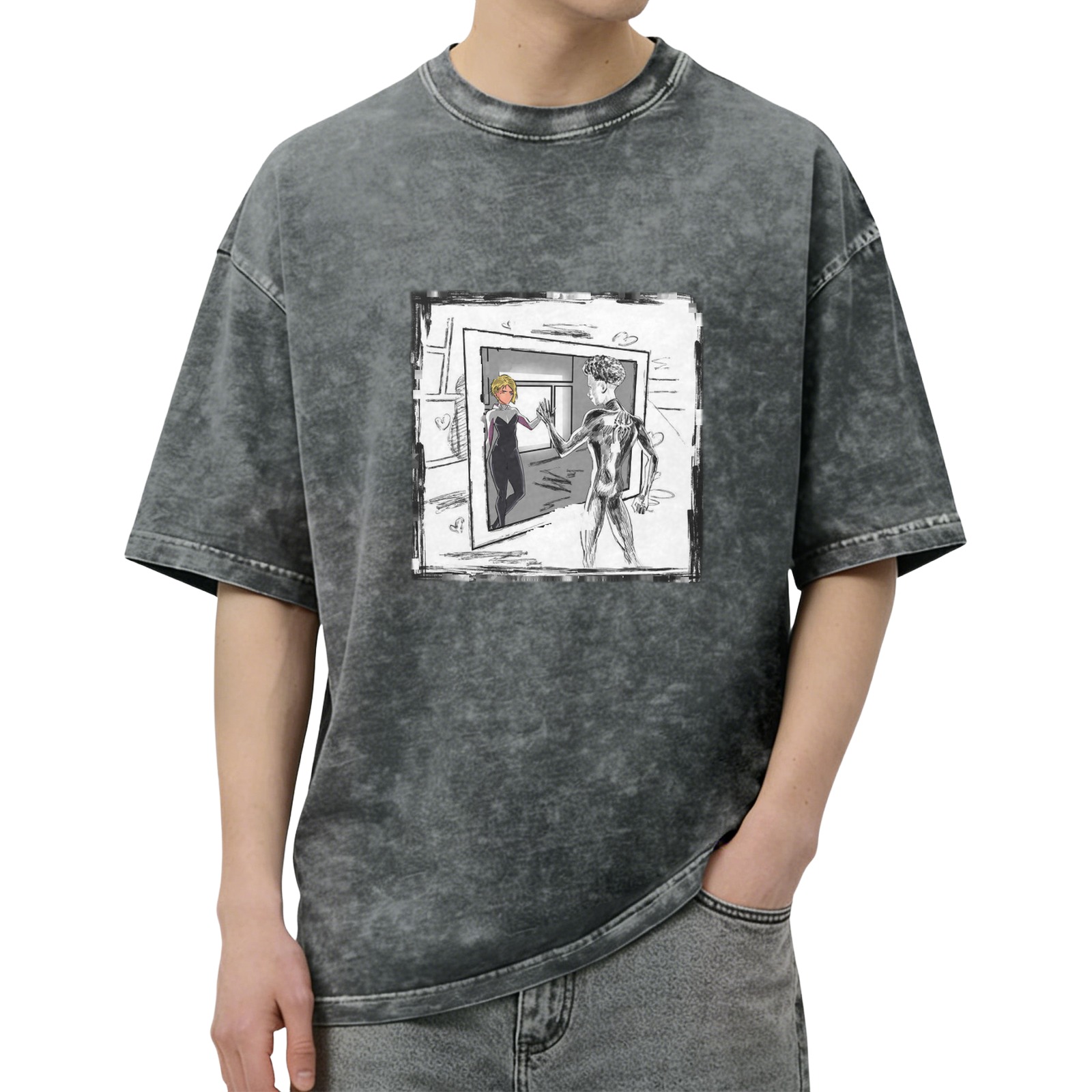 Oversized Stonewashed T-Shirt With Spider Gwen And Miles Art Print