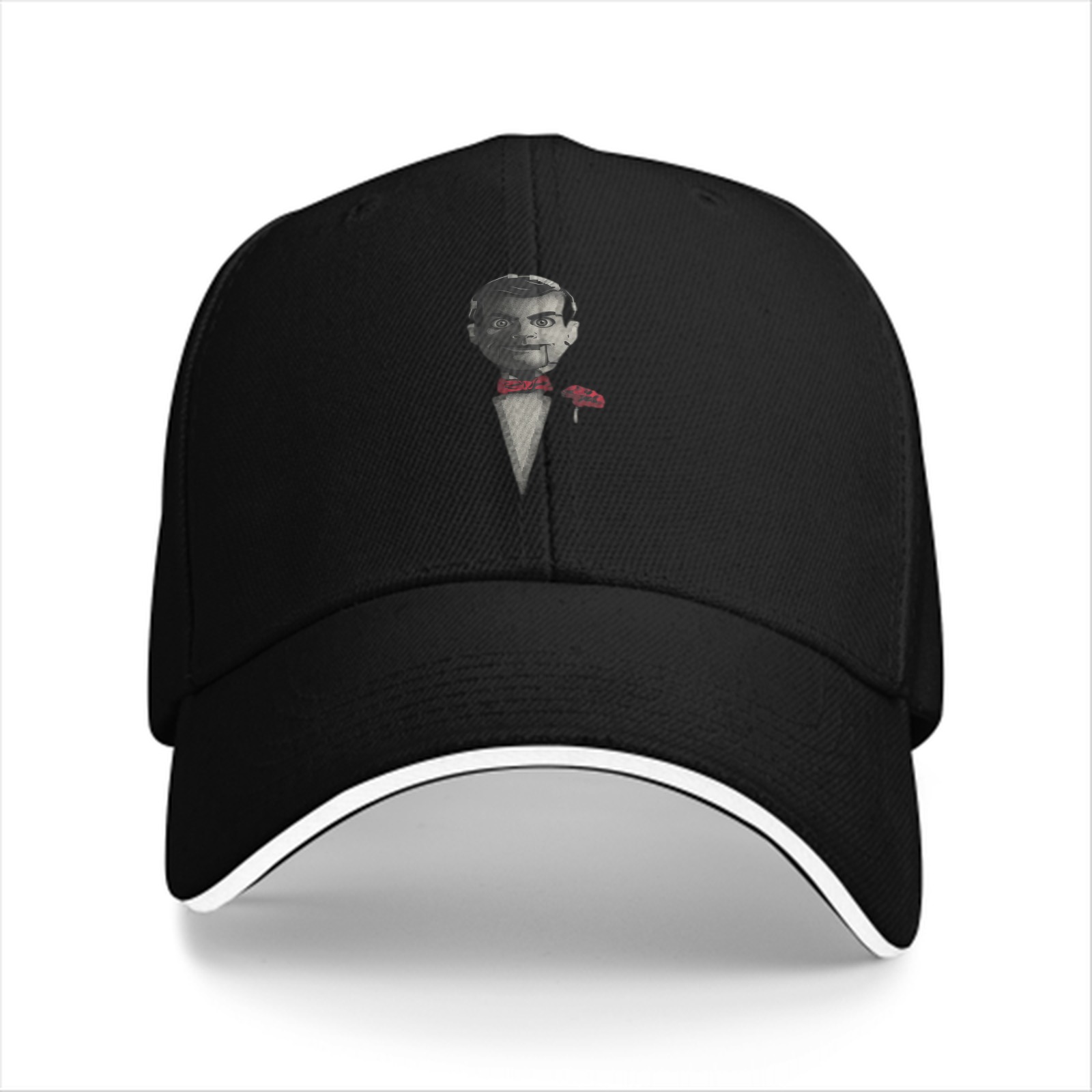 Black Baseball Cap With Ventriloquist Dummy In Tuxedo Print