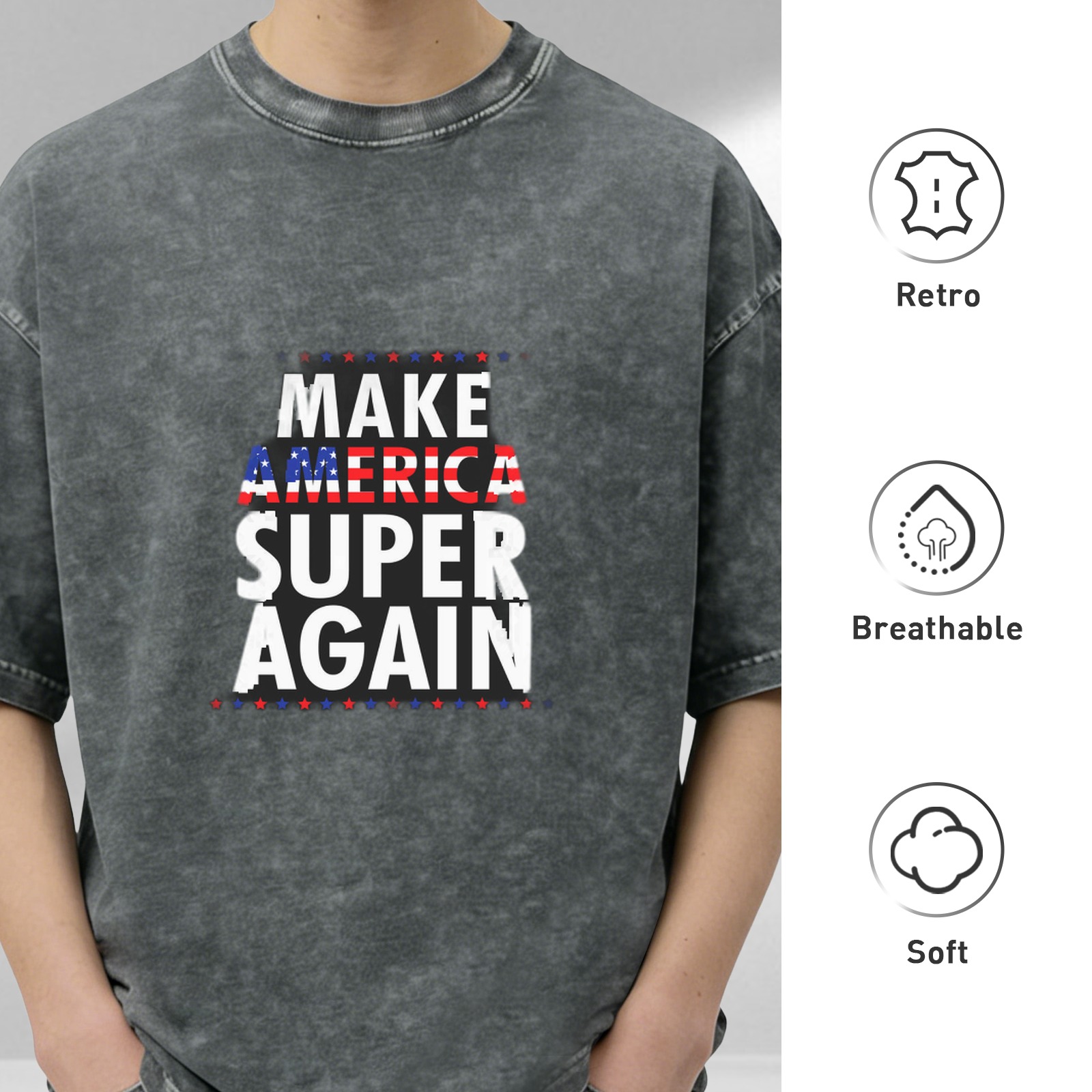 Oversized dark wash t-shirt with Make America Super Again patriotic print