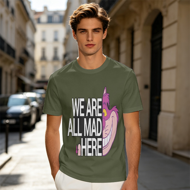 Olive Cheshire Cat We Are All Mad Here Graphic T-Shirt
