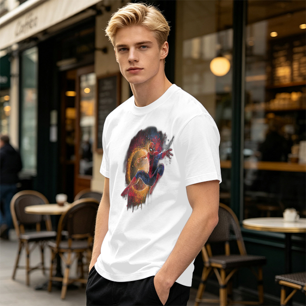 Olive Green Spider-Man Graphic T-Shirt with Cosmic Art Print