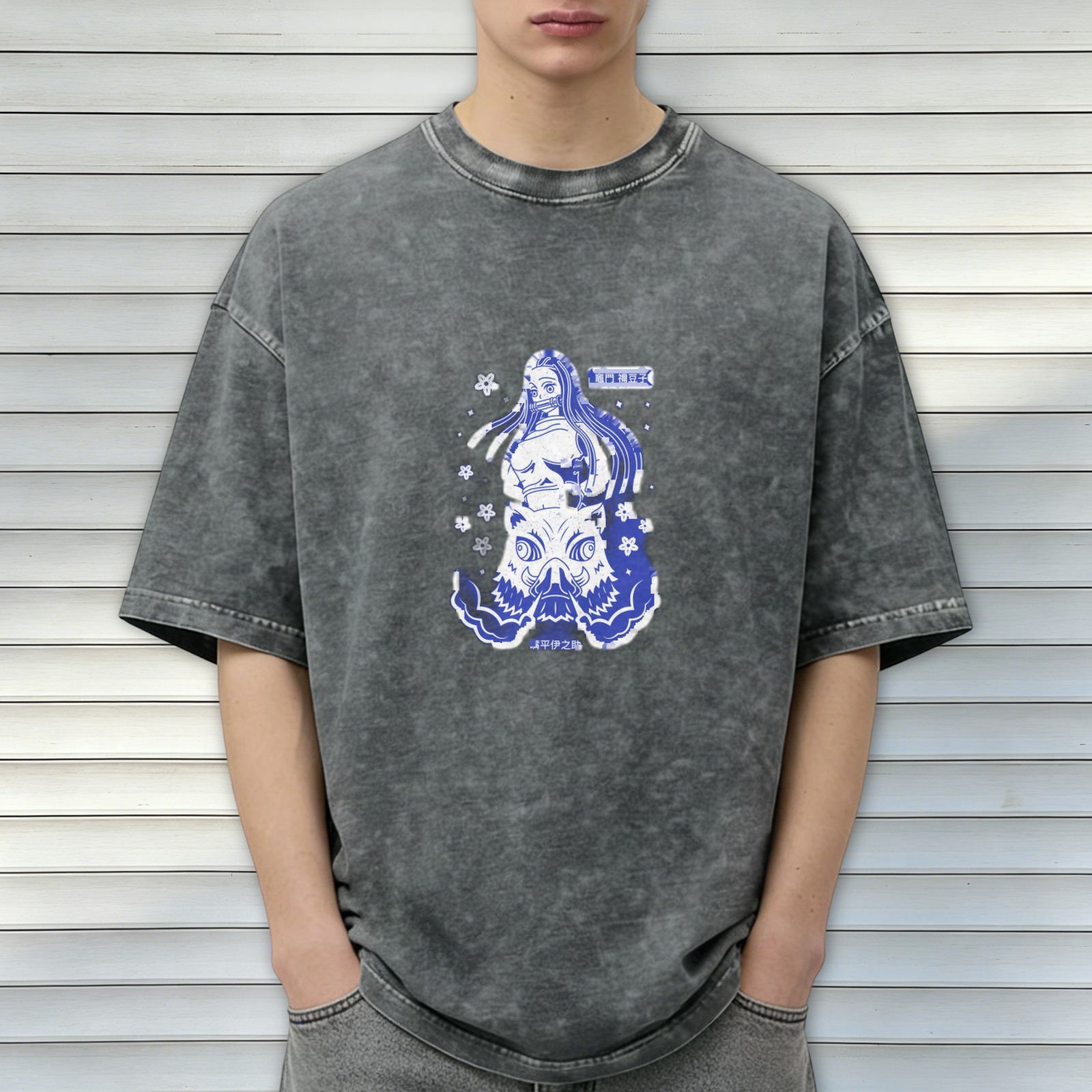 Anime Graphic Dark Wash Oversized T-Shirt