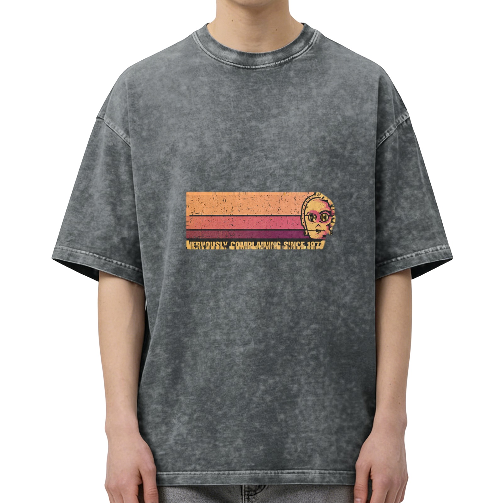 Washed Black Graphic T-Shirt with Nervously Complaining Since 1977 Print