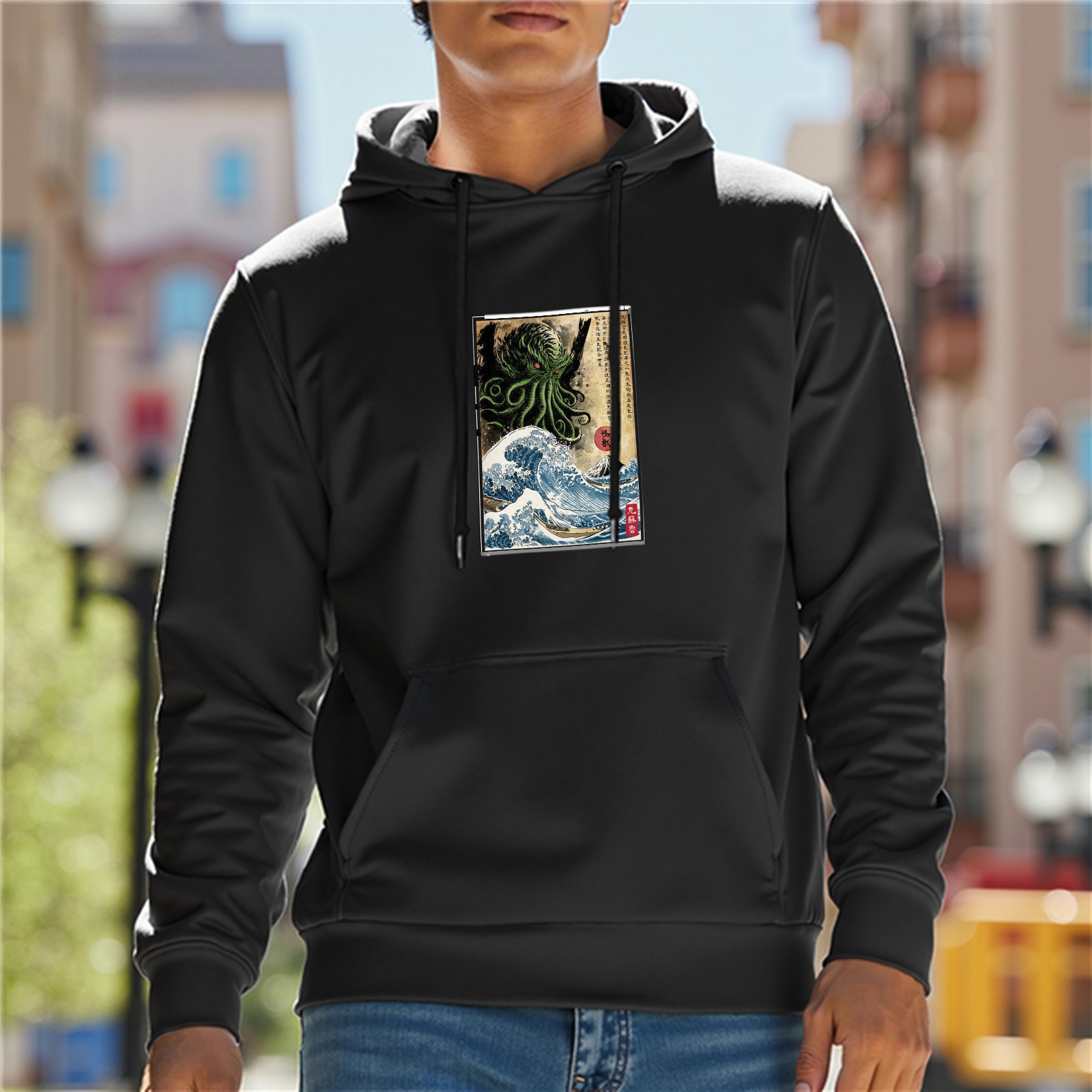 Black hoodie with Cthulhu great wave ukiyo-e style print
