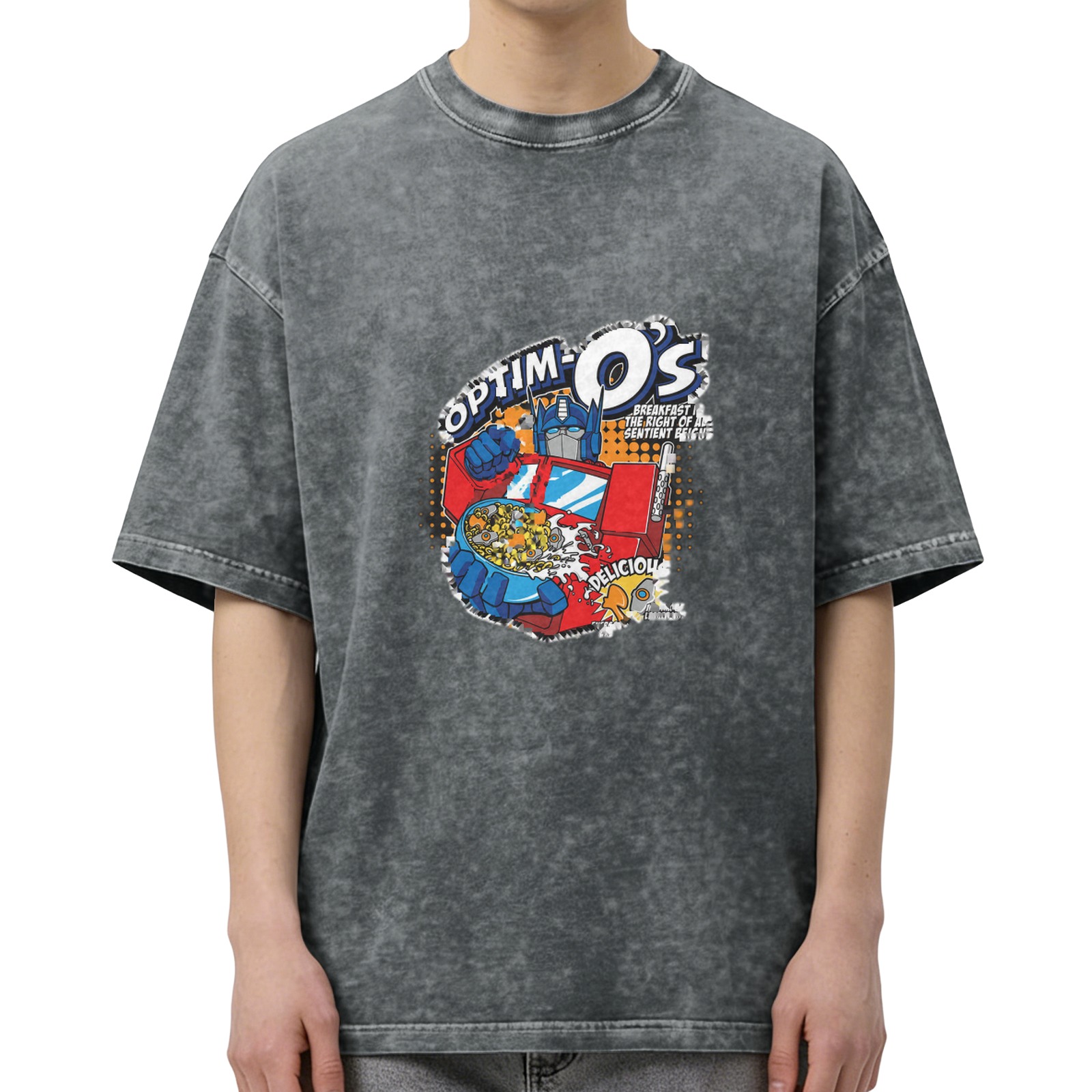 Washed Black T-Shirt with Optim-O's Transformers Graphic Print