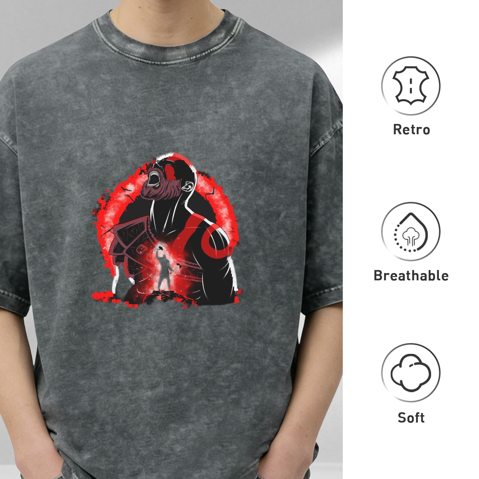 Oversized Stonewashed T-Shirt With Red Warrior Graphic Print