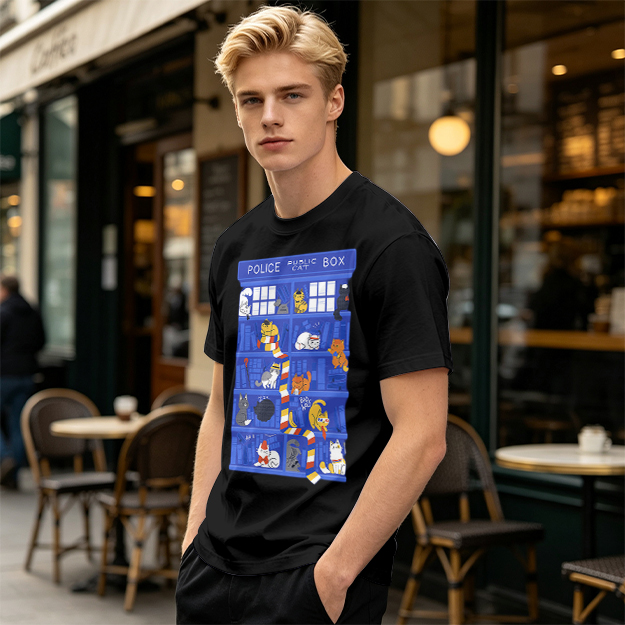 Olive T-Shirt with Police Box and Playful Cats Graphic