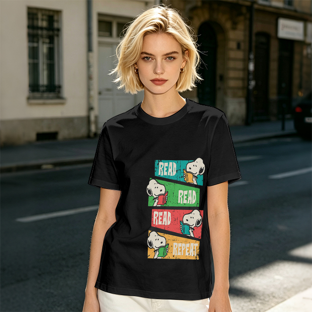 Olive T-Shirt with Snoopy Read Repeat Reading Graphic