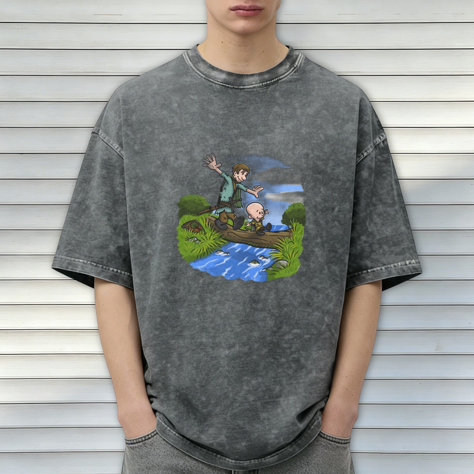 Washed Black T-Shirt With Cartoon Boys Crossing Stream Art