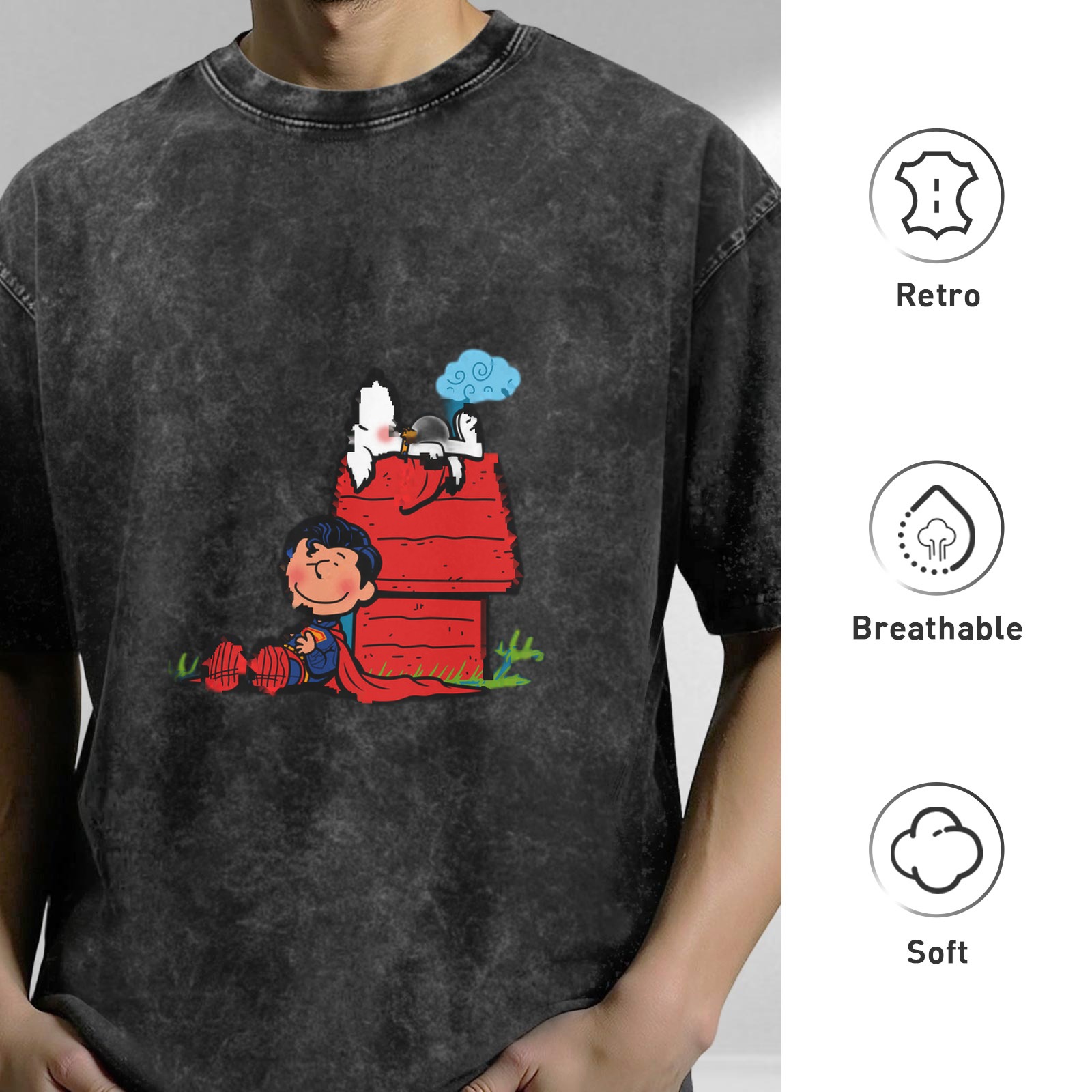 Snoopy and Charlie Brown Superman Mashup Vintage Black T-Shirt
