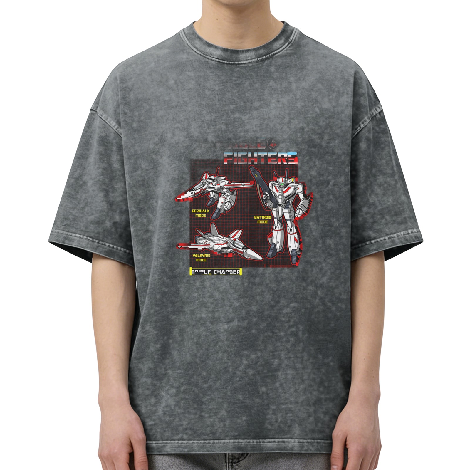 Retro washed black loose short-sleeved T-shirt, anime mecha three-transformation print, street fashion casual top