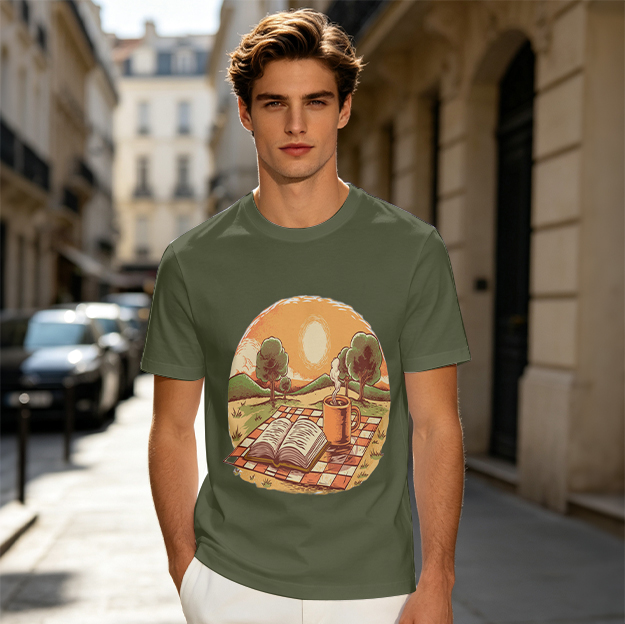 Olive T-Shirt with Sunset Picnic Book and Coffee Art