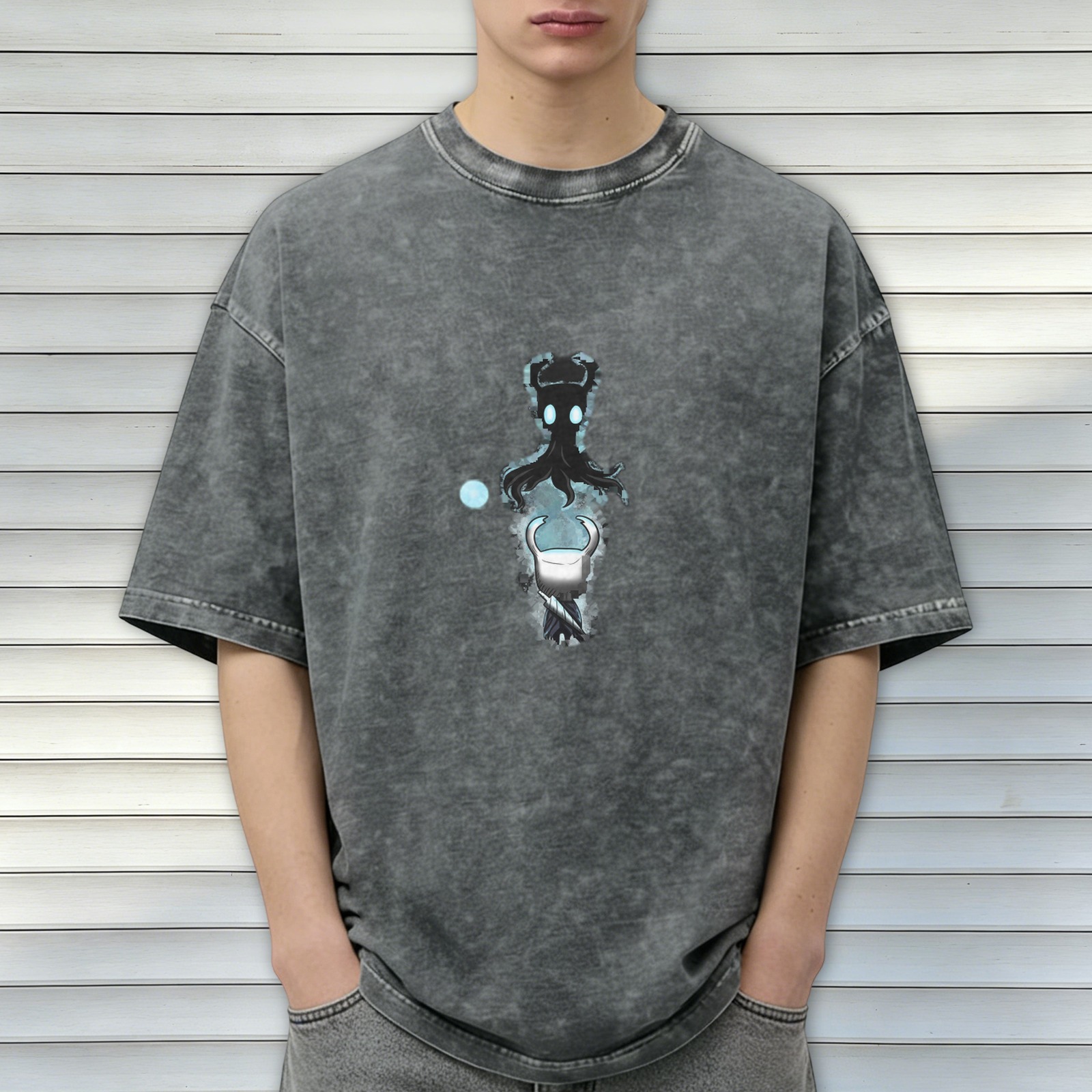 Hollow Knight Themed Washed Black Short Sleeve T-Shirt