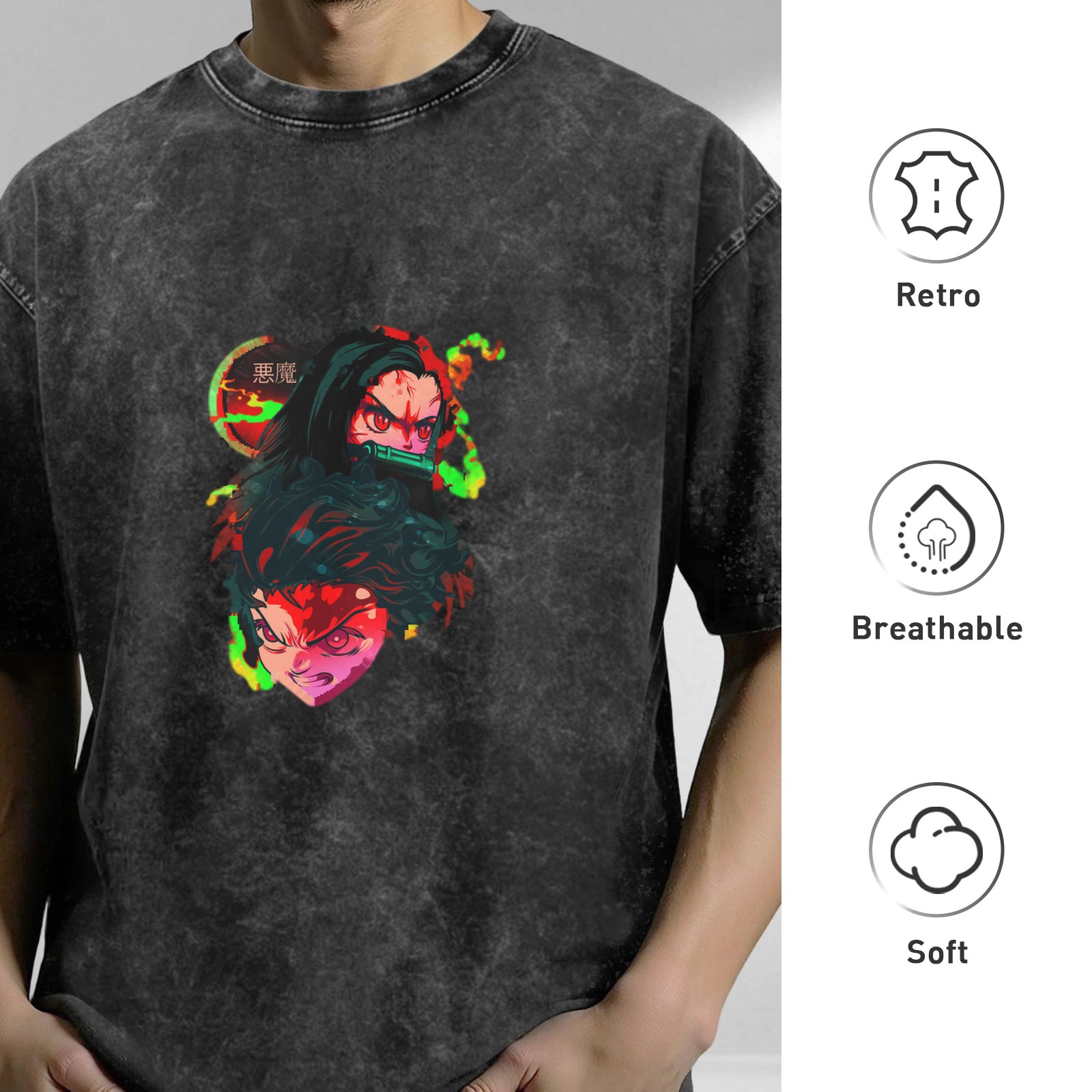 Demon Slayer themed distressed washed black loose short-sleeved T-shirt