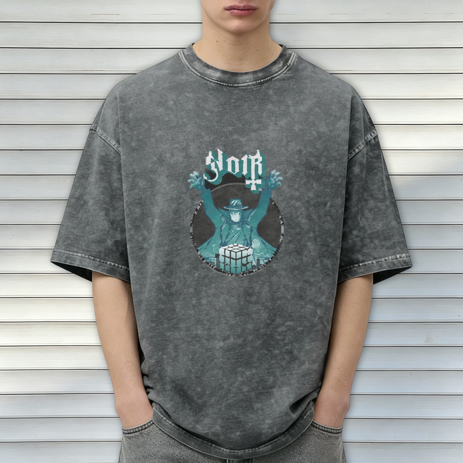 Washed black graphic t-shirt with noir villain and cube design