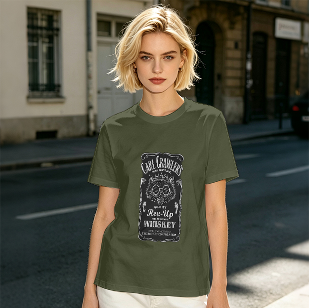 Olive T-Shirt with Carl Crawler's Whiskey Cat Graphic Print
