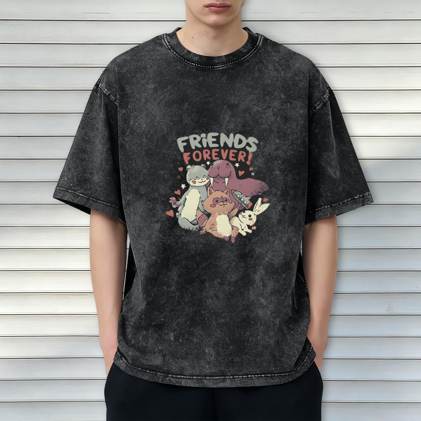 Oversized acid wash t-shirt with friends forever animal graphic print