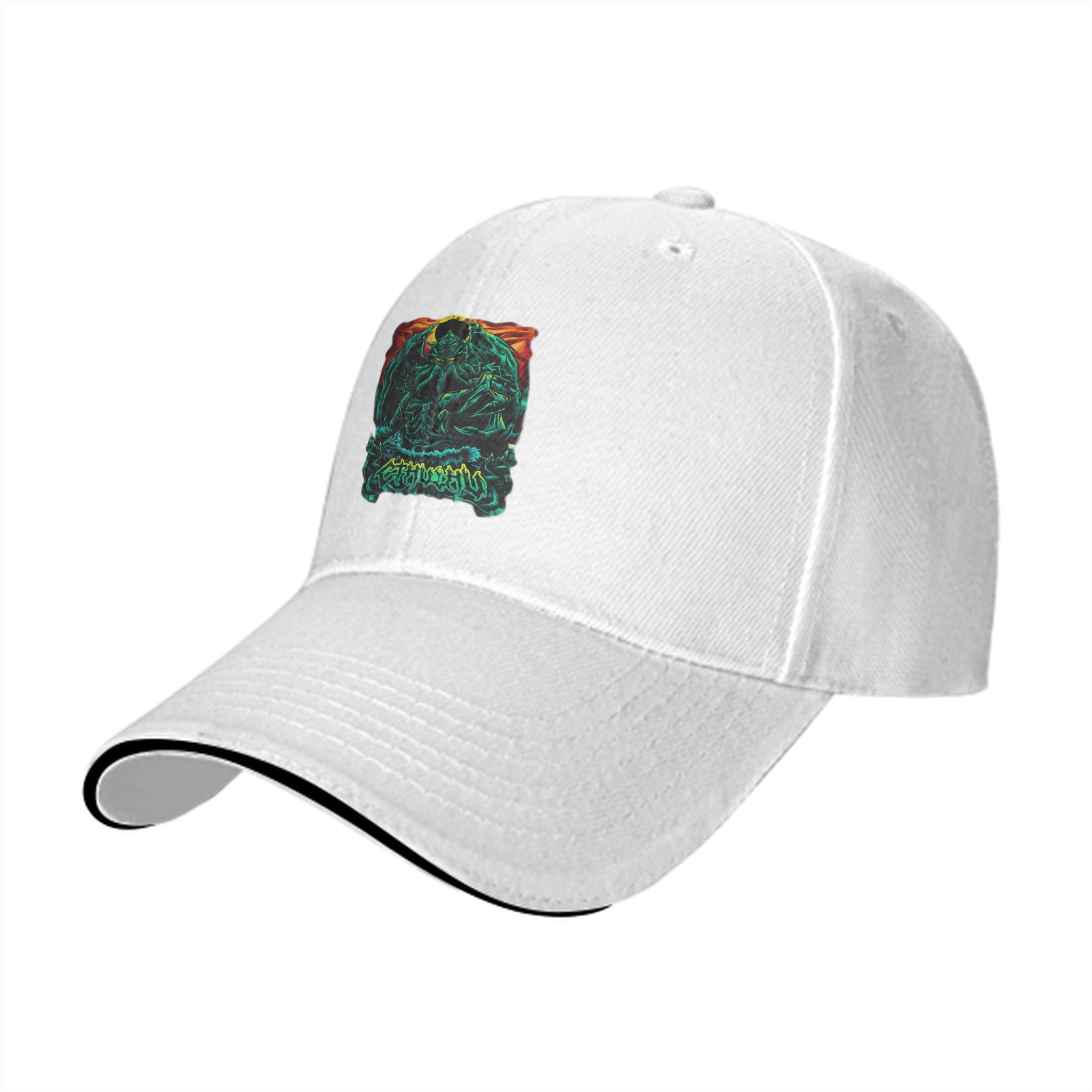 Black Baseball Cap With Dark Fantasy Monster Graphic Print