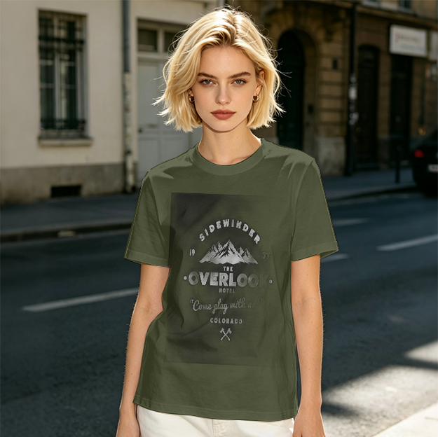 Olive t-shirt with Overlook Hotel mountain graphic print