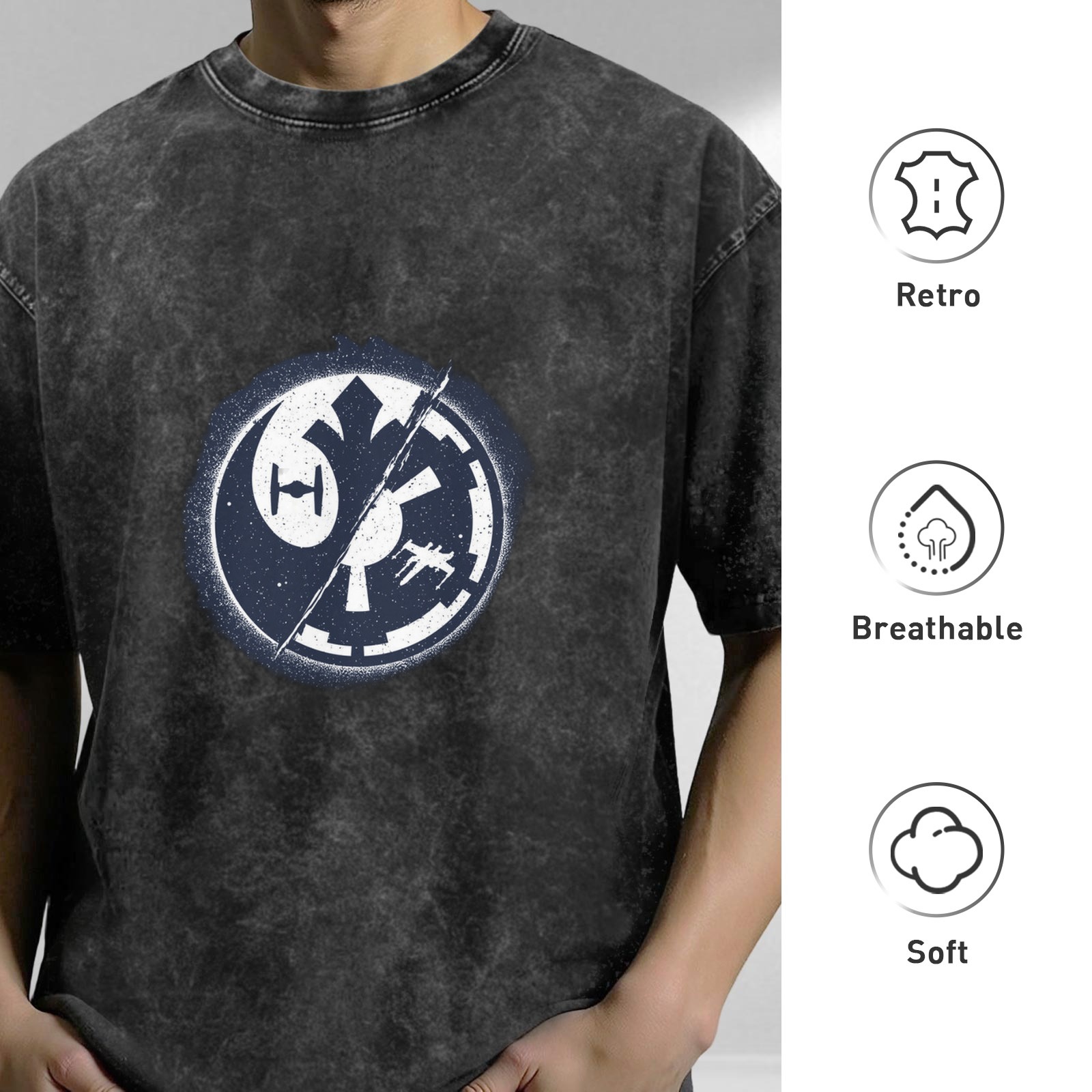 Star Wars themed acid wash short-sleeve T-shirt with Rebel and Imperial faction emblem graphic design